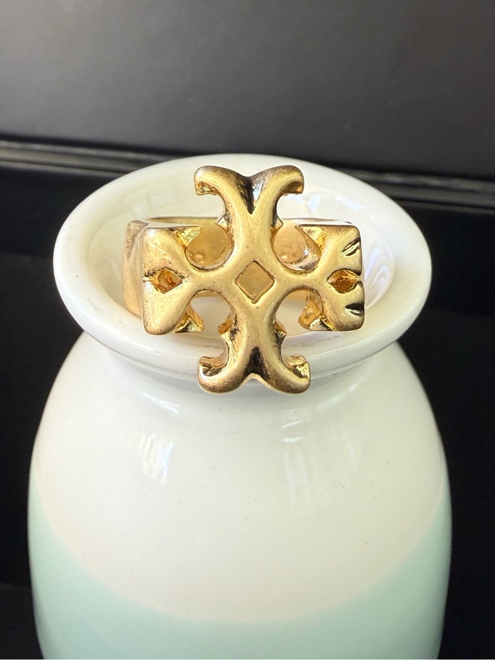 Tory Burch Antique Gold Tone Logo Ring 7, 8